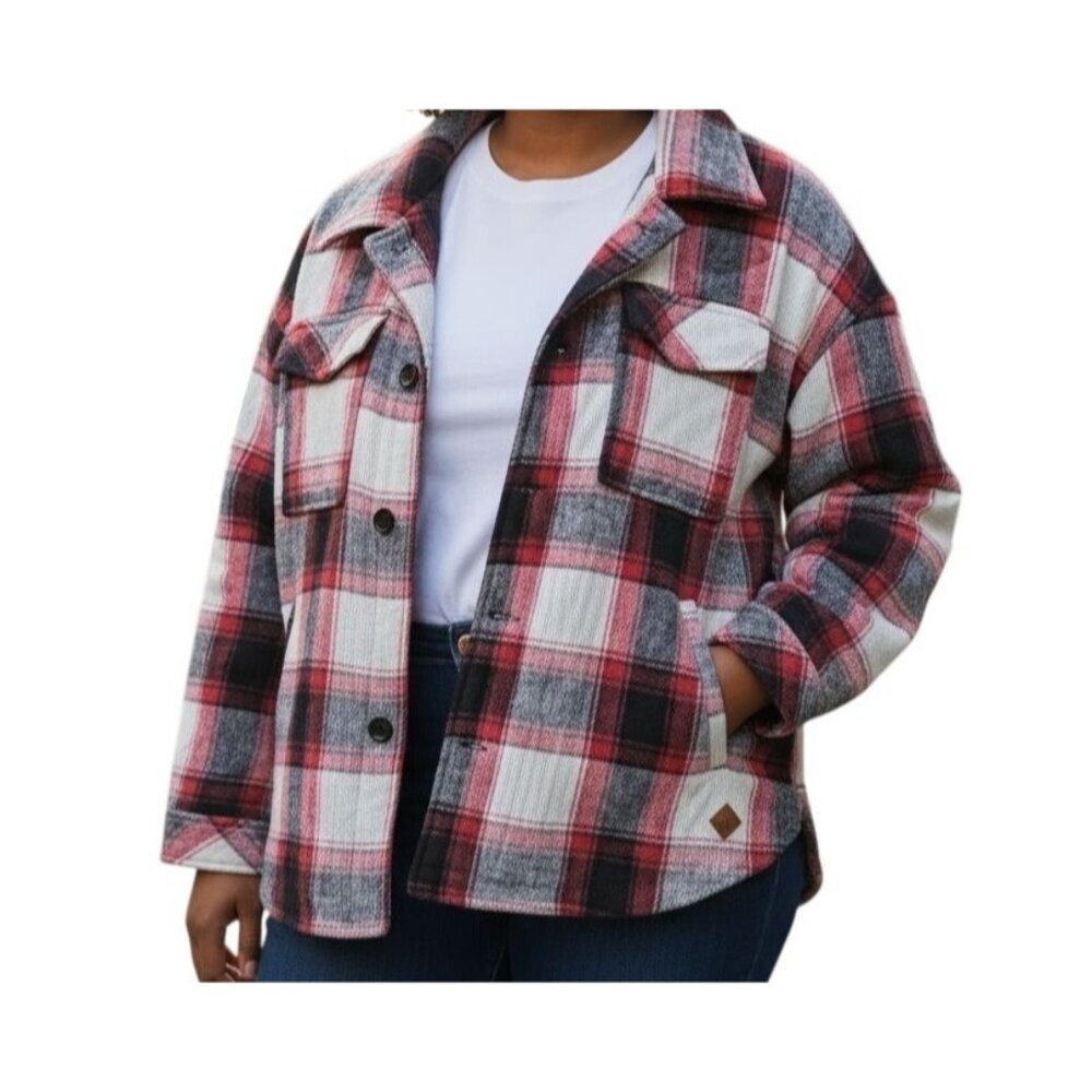 Haggar Women’s Red Plaid Button Quilted Shirt Jacket XL Long Sleeve casual‎